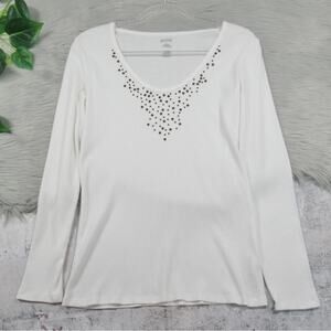 MICHAEL KORS White Cotton Studded Scoop Neck Long Sleeve Tee Women’s Size Large